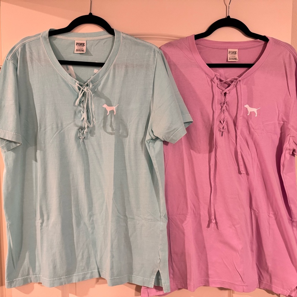 PINK Victoria's Secret Short Sleeve Tees Blue and Pink Casual Lace-Up